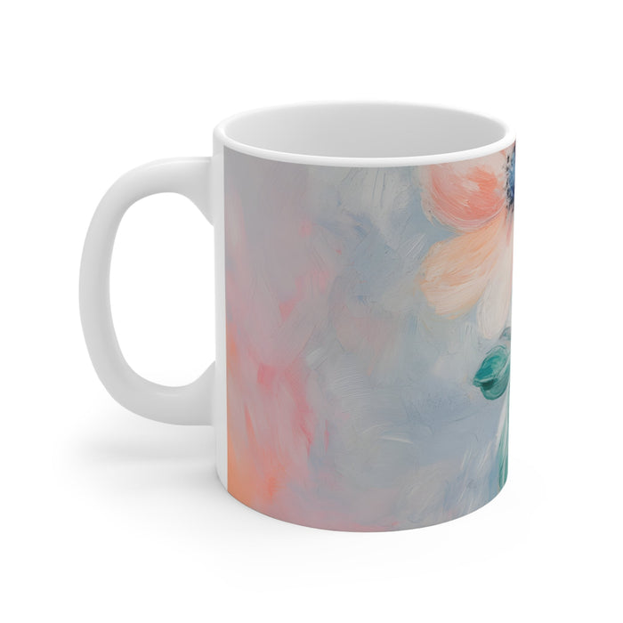 Gentle Blue Floral Patterned Mug: white, teal floral design, painterly floral style