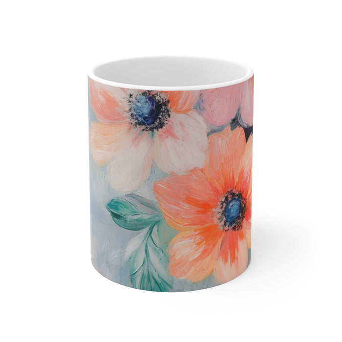 Gentle Blue Floral Patterned Mug: white, teal floral design, painterly floral style