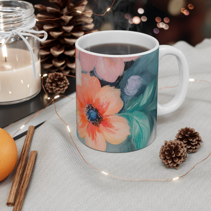 Gentle Blue Floral Patterned Mug: white, teal floral design, painterly floral style