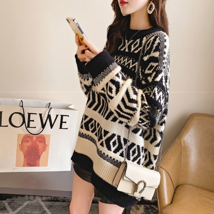 Geo Pattern Women's Round Sweater: black, cream sweater, graphic knit, casual style