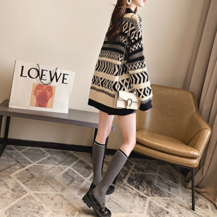 Geo Pattern Women's Round Sweater: black, cream sweater, graphic knit, casual style