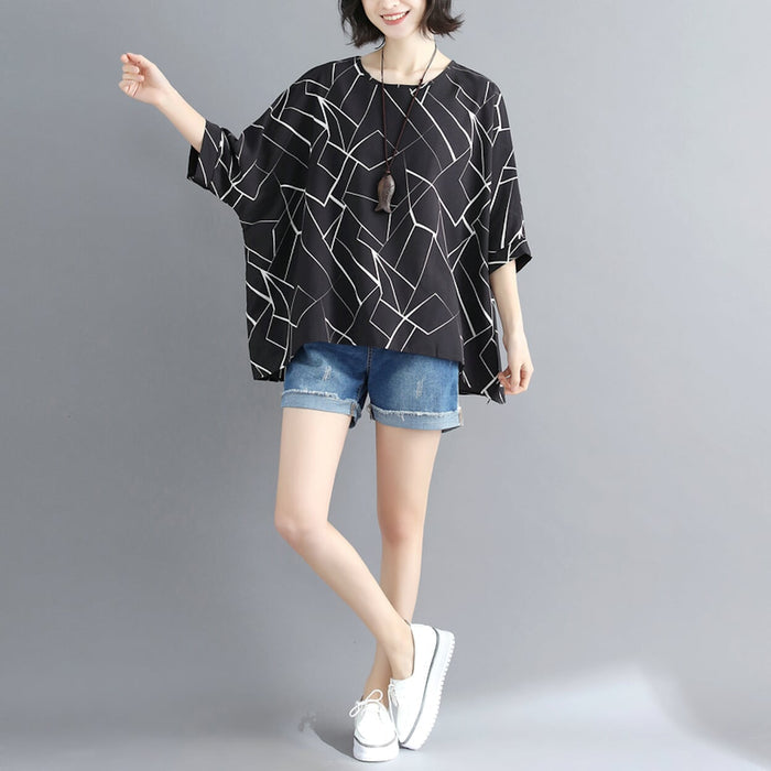 Geo Print Batwing Top for Women: black, white women's loose-fit top, minimal contemporary style