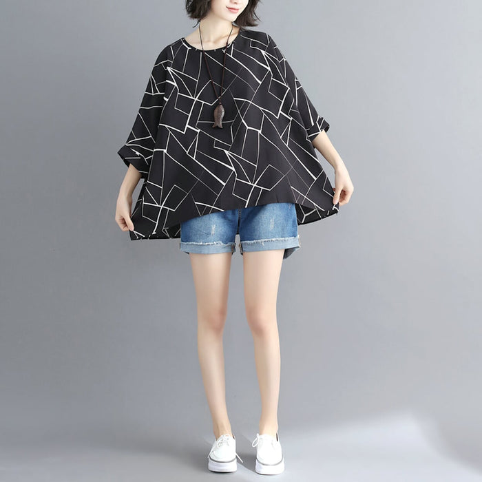 Geo Print Batwing Top for Women: black, white women's loose-fit top, minimal contemporary style