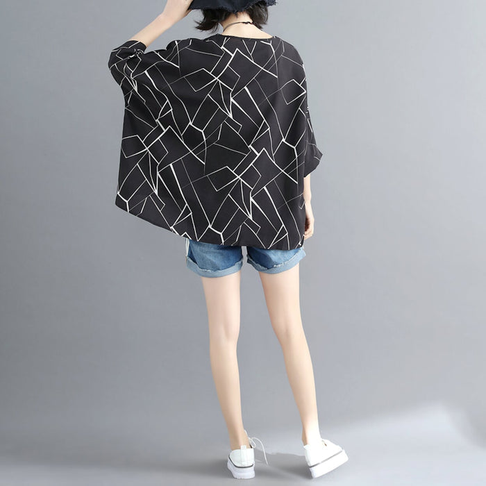 Geo Print Batwing Top for Women: black, white women's loose-fit top, minimal contemporary style