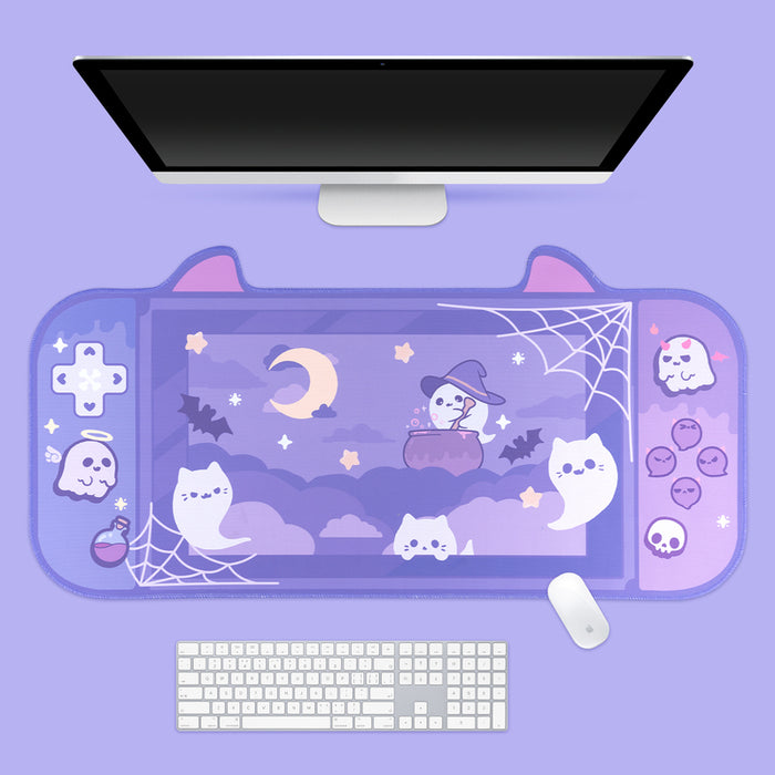 "Ghost Cat" Halloween Desk Mat: purple, lavender Halloween-themed cats and ghosts, kawaii cartoon style