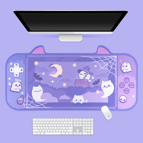 "Ghost Cat" Halloween Desk Mat: purple, lavender Halloween-themed cats and ghosts, kawaii cartoon style