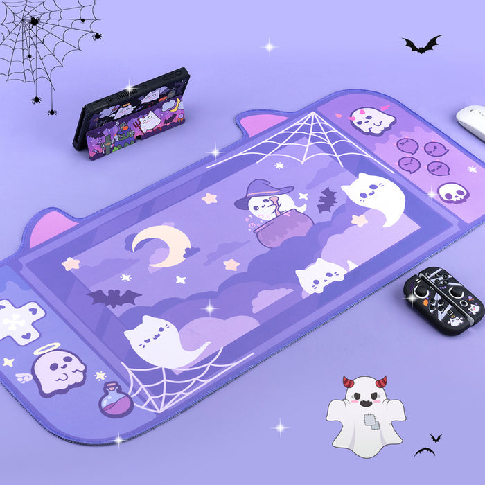 "Ghost Cat" Halloween Desk Mat: purple, lavender Halloween-themed cats and ghosts, kawaii cartoon style