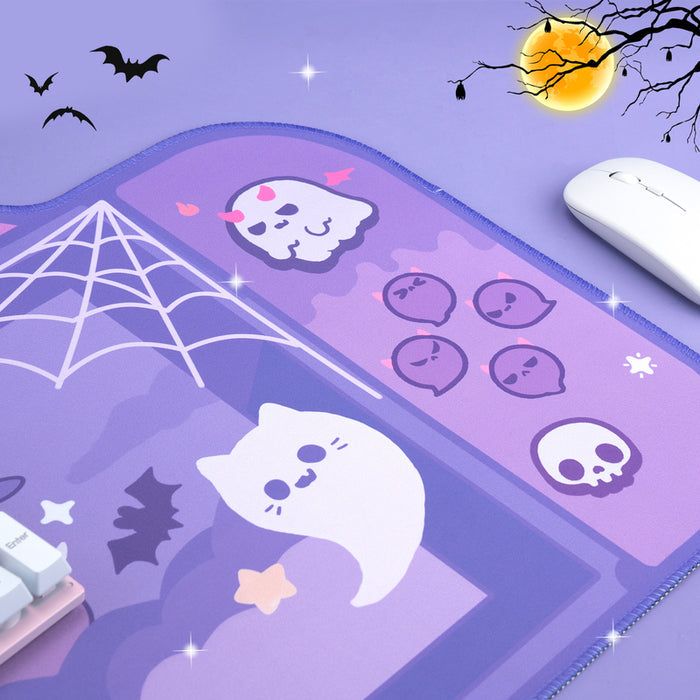 "Ghost Cat" Halloween Desk Mat: purple, lavender Halloween-themed cats and ghosts, kawaii cartoon style