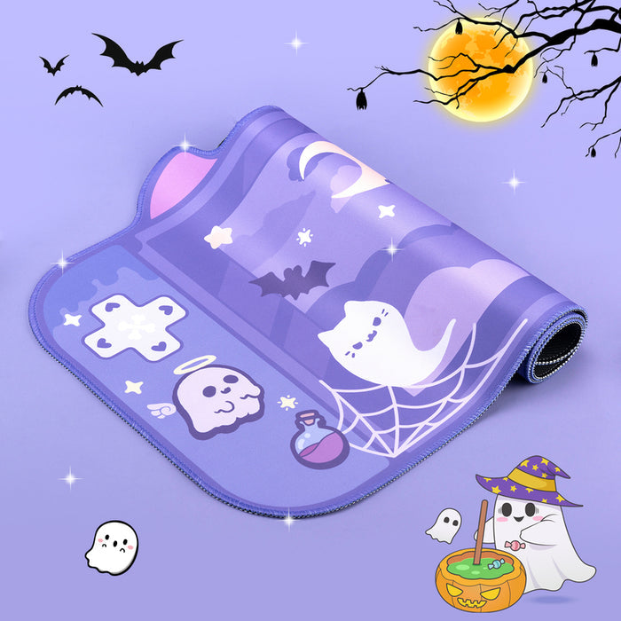 "Ghost Cat" Halloween Desk Mat: purple, lavender Halloween-themed cats and ghosts, kawaii cartoon style