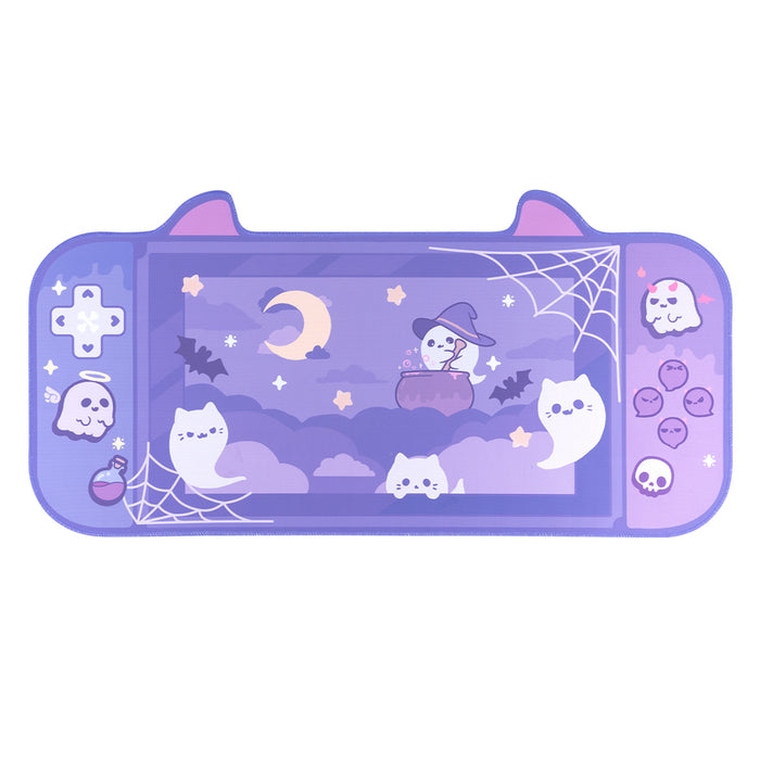 "Ghost Cat" Halloween Desk Mat: purple, lavender Halloween-themed cats and ghosts, kawaii cartoon style