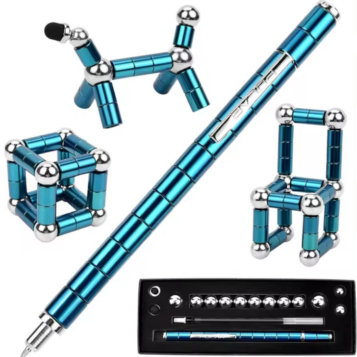 Gift Set: Pen for Fidgeting: metallic blue, silver horse-like animal figure and chair-like structure, minimal geometric style
