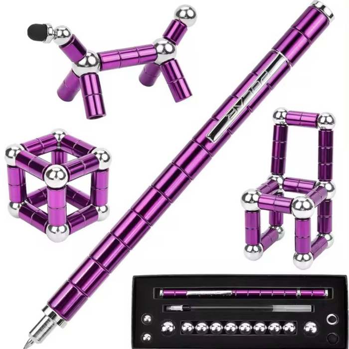 Gift Set: Pen for Fidgeting: metallic blue, silver horse-like animal figure and chair-like structure, minimal geometric style