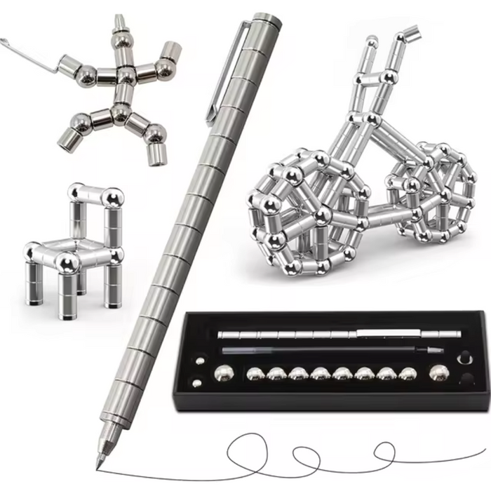 Gift Set: Pen for Fidgeting: metallic blue, silver horse-like animal figure and chair-like structure, minimal geometric style