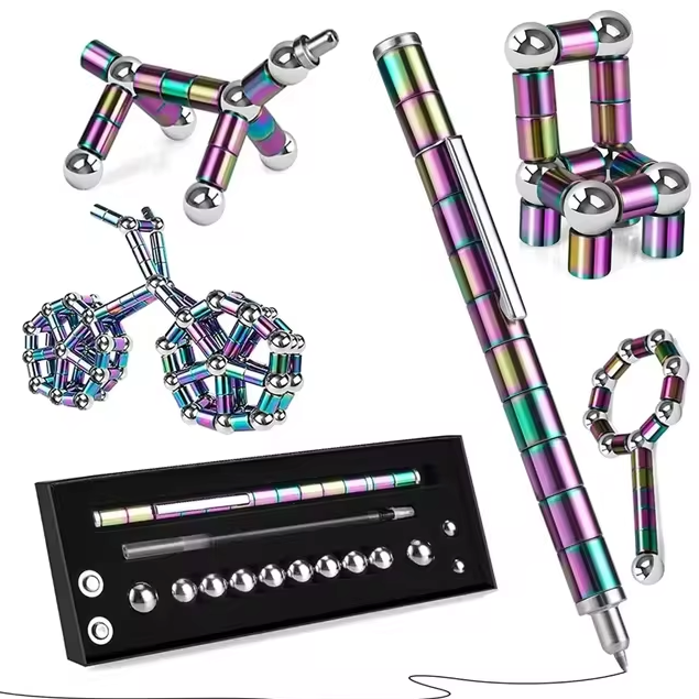 Gift Set: Pen for Fidgeting: metallic blue, silver horse-like animal figure and chair-like structure, minimal geometric style