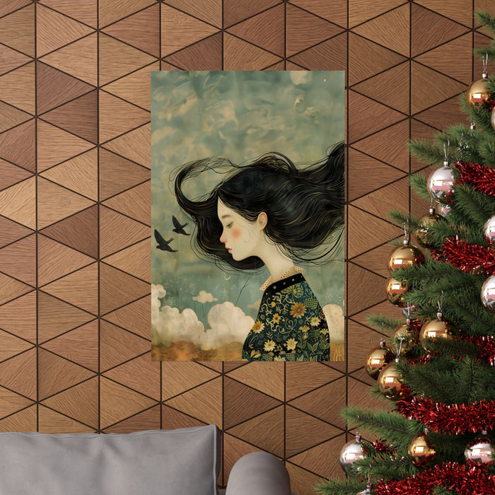 Girl Poster: Emotions in Tangle: green, black illustrated woman with flowing black hair and birds, stylized painterly illustr