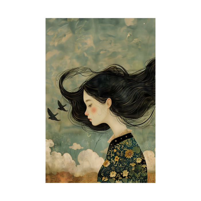 Girl Poster: Emotions in Tangle: green, black illustrated woman with flowing black hair and birds, stylized painterly illustr