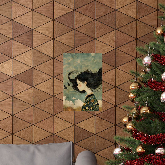 Girl Poster: Emotions in Tangle: green, black illustrated woman with flowing black hair and birds, stylized painterly illustr