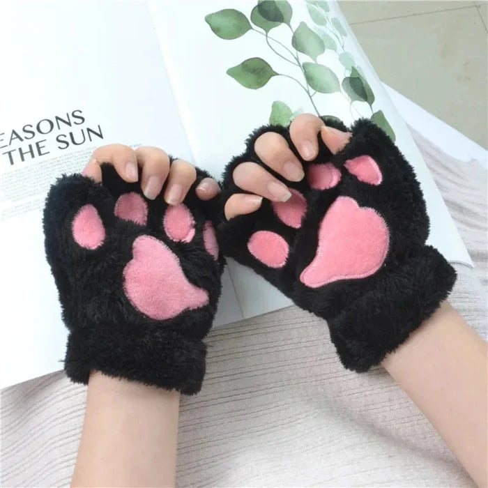 Girls' Winter Gloves with Cat Claw Design: black, pink cat paw theme, kawaii style