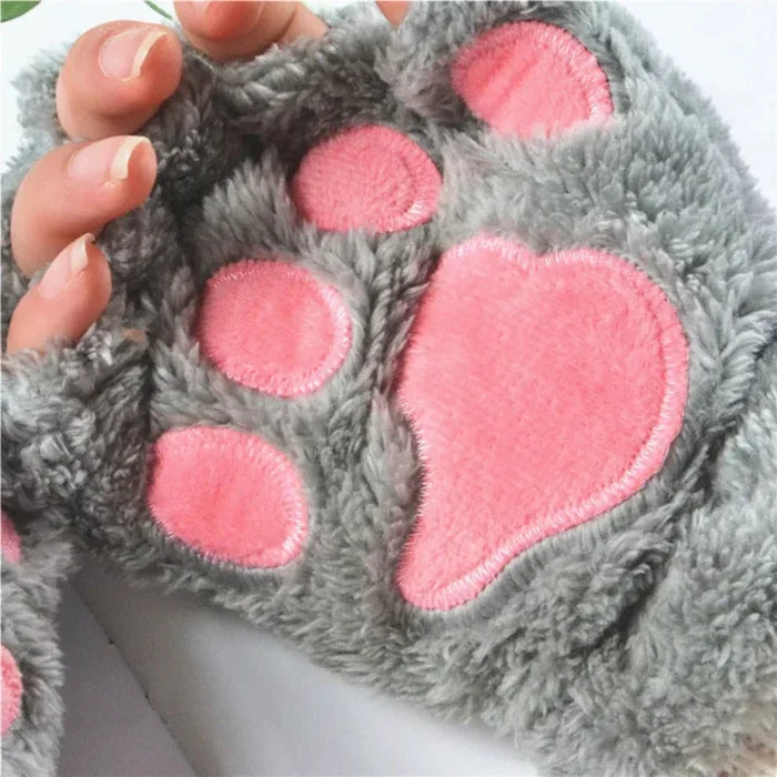 Girls' Winter Gloves with Cat Claw Design: black, pink cat paw theme, kawaii style