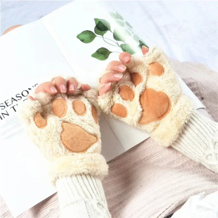 Girls' Winter Gloves with Cat Claw Design: black, pink cat paw theme, kawaii style