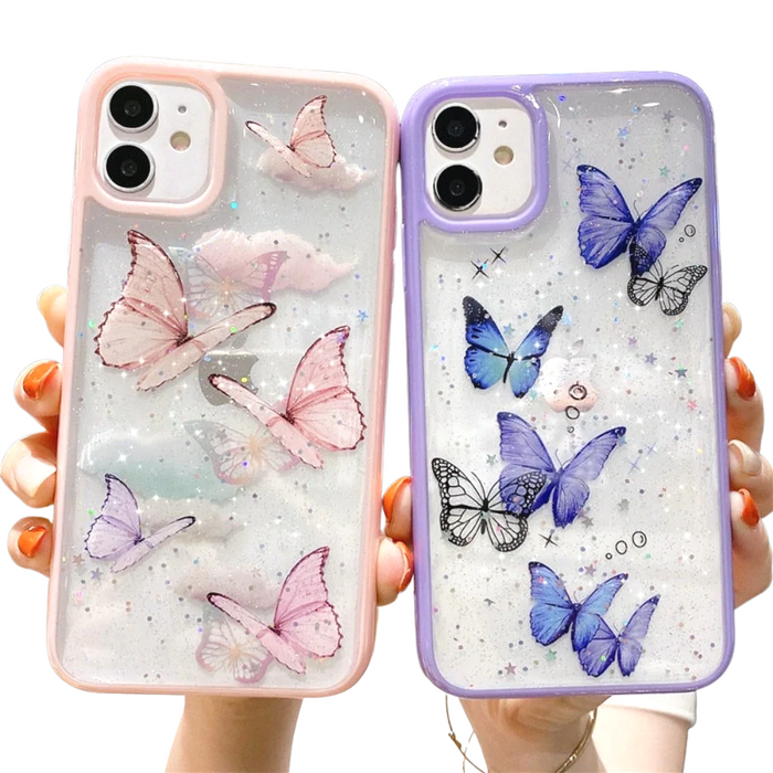 Glitter Butterfly Transparent iPhone Case: pink, purple butterflies, kawaii style