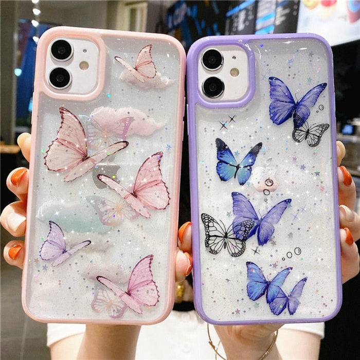 Glitter Butterfly Transparent iPhone Case: pink, purple butterflies, kawaii style