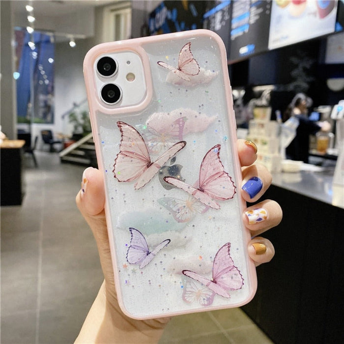Glitter Butterfly Transparent iPhone Case: pink, purple butterflies, kawaii style
