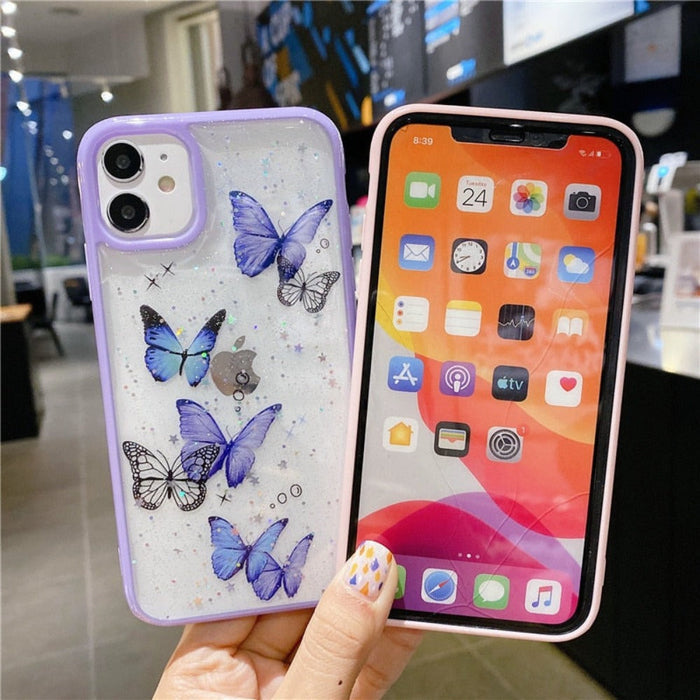 Glitter Butterfly Transparent iPhone Case: pink, purple butterflies, kawaii style