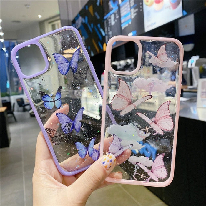 Glitter Butterfly Transparent iPhone Case: pink, purple butterflies, kawaii style