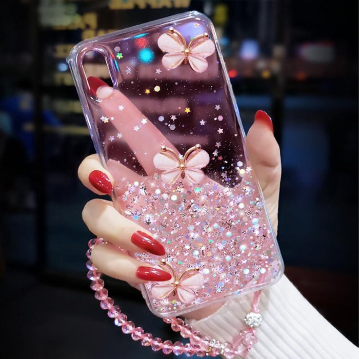 Glittery Butterfly Patterned Protective Cover: transparent pink, pink butterflies, kawaii style