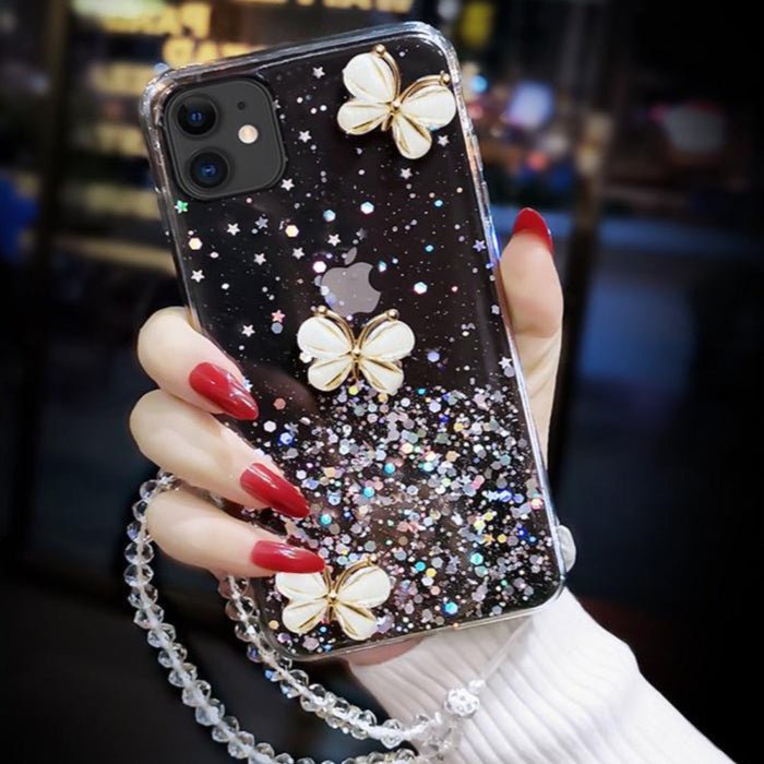Glittery Butterfly Patterned Protective Cover: transparent pink, pink butterflies, kawaii style