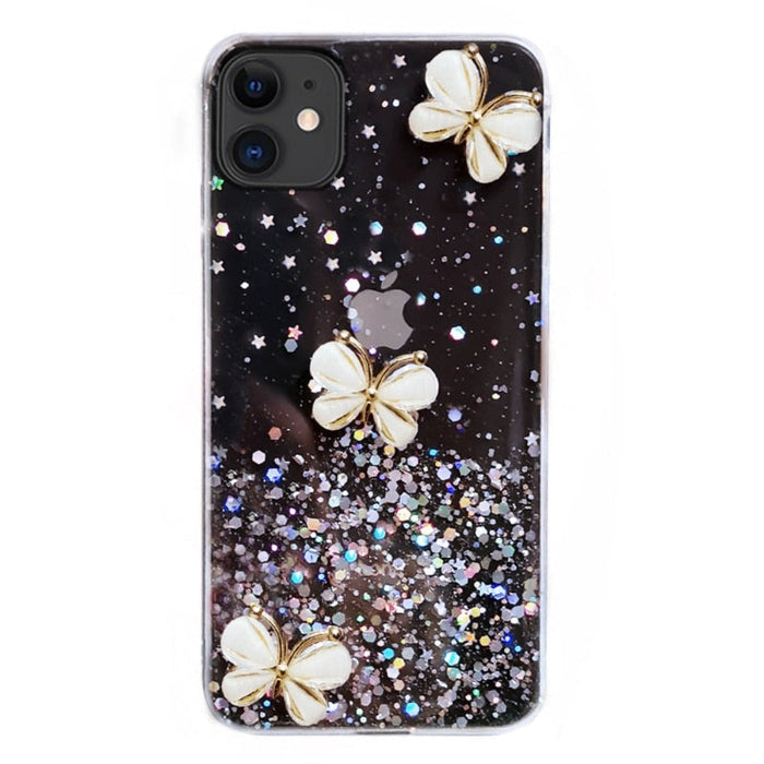 Glittery Butterfly Patterned Protective Cover: transparent pink, pink butterflies, kawaii style
