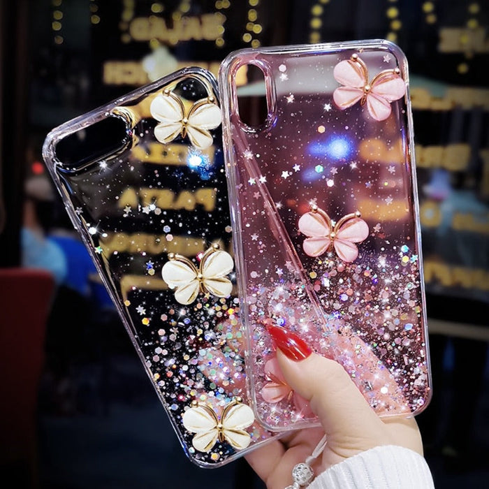 Glittery Butterfly Patterned Protective Cover: transparent pink, pink butterflies, kawaii style