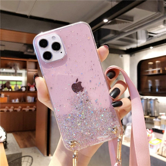 Glittery Guarding Cover for iPhone with Lanyard: pink, clear Apple logo, glamorous style