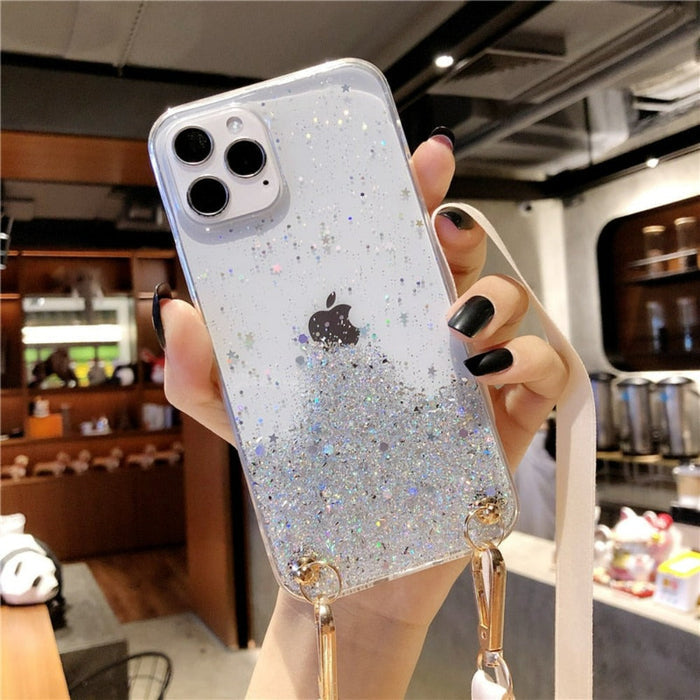 Glittery Guarding Cover for iPhone with Lanyard: pink, clear Apple logo, glamorous style