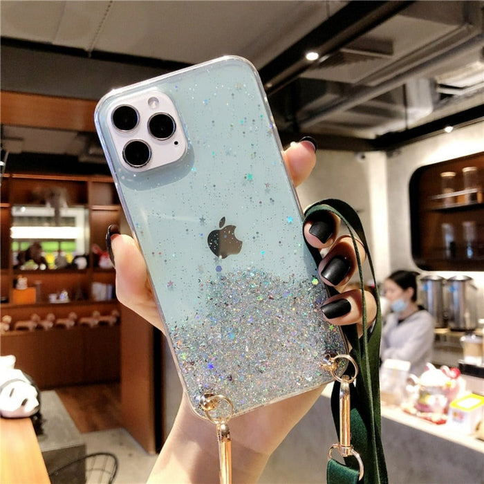 Glittery Guarding Cover for iPhone with Lanyard: pink, clear Apple logo, glamorous style