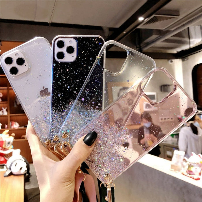 Glittery Guarding Cover for iPhone with Lanyard: pink, clear Apple logo, glamorous style
