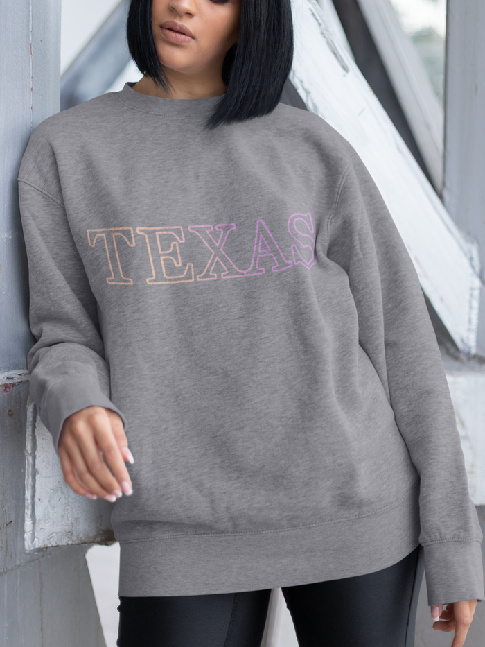 Gradient Crewneck Sweatshirt for Women in Texas Design: black, pink Texas text theme, casual streetwear style