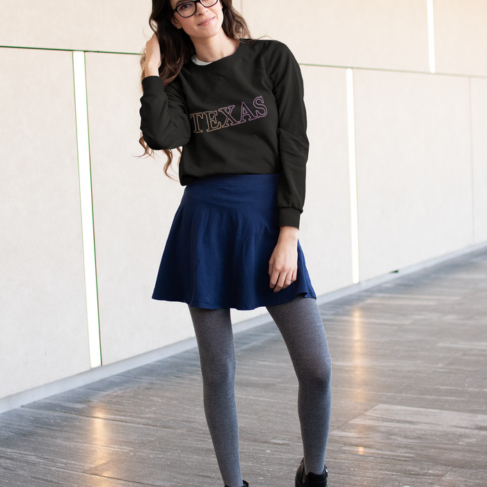 Gradient Crewneck Sweatshirt for Women in Texas Design: black, pink Texas text theme, casual streetwear style
