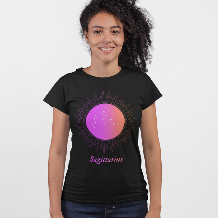 Gradient Zodiac T-Shirt for Women: Embrace Your Inner SAGITTARIUS!: black, purple Sagittarius zodiac sign, celestial zodiac g