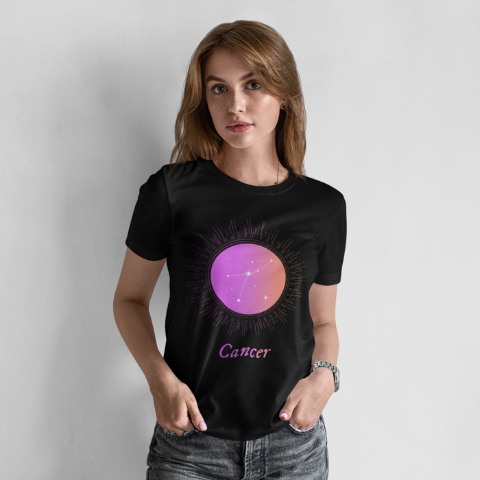 Gradient Zodiac T-Shirt for Women: Embracing the Power of Femininity: black, purple Cancer zodiac sign, celestial graphic sty