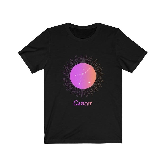 Gradient Zodiac T-Shirt for Women: Embracing the Power of Femininity: black, purple Cancer zodiac sign, celestial graphic sty