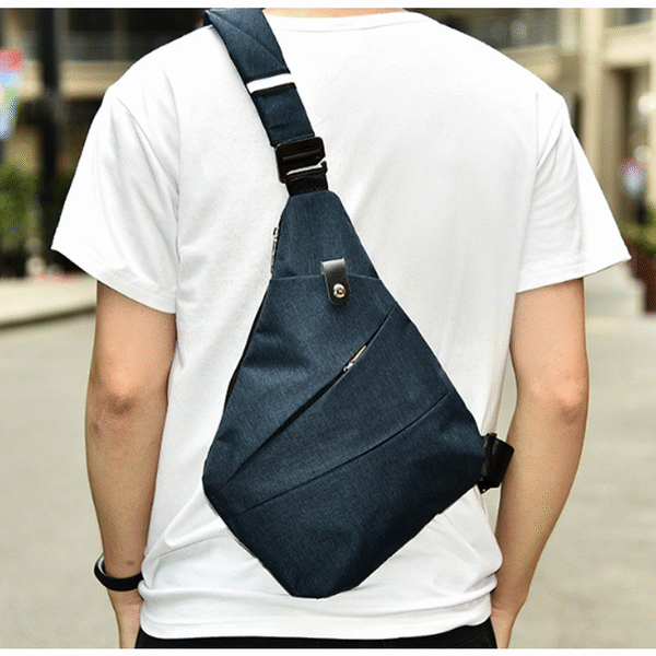 Gray Crossbody Bag with Waterproof Triangle Design on the Side: light gray, black backpack, minimal urban style