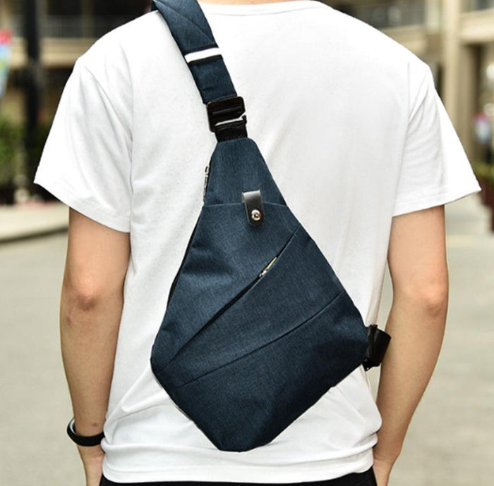 Gray Crossbody Bag with Waterproof Triangle Design on the Side: light gray, black backpack, minimal urban style