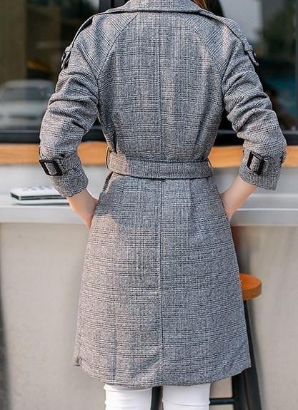 Gray Double Breasted Mid-Length Trench Coat for Women: gray, black women's belted coat, tailored, classic style