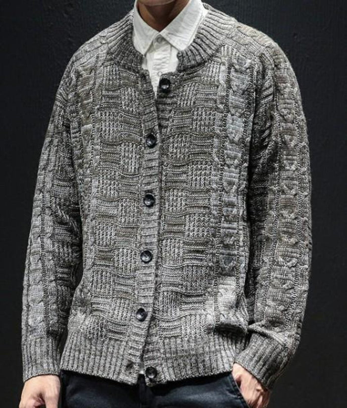 Gray Men's Button-Front Crew Neck Cardigan: gray, white button-front cardigan sweater, casual textured knit style