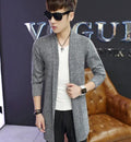 Gray Mid Length Shawl Collar Cardigan for Men: heather gray, white long open-front cardigan, minimal casual style
