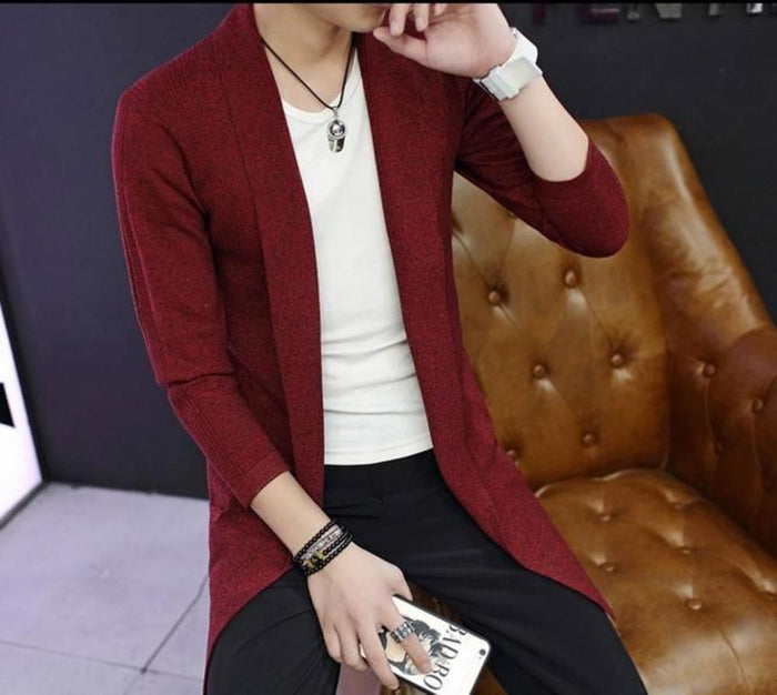 Gray Mid Length Shawl Collar Cardigan for Men: heather gray, white long open-front cardigan, minimal casual style