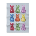Gray Soft Fleece Baby Blanket with Gummy Rabbit Design: light blue, red bunnies/rabbits, cartoon style