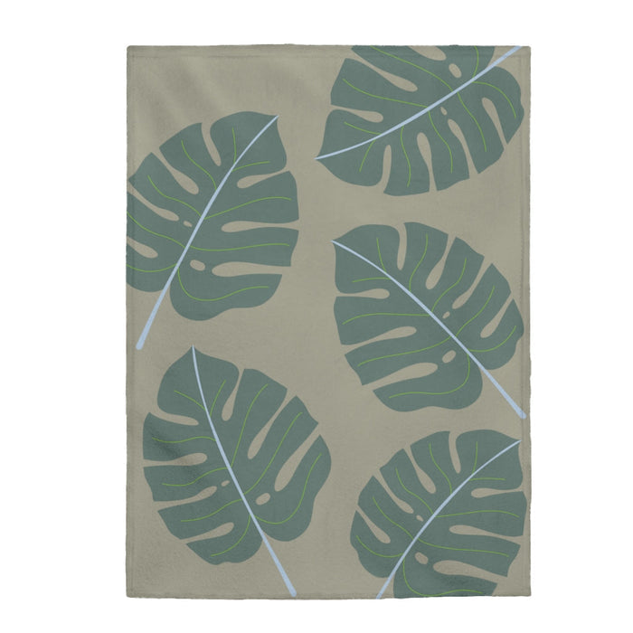 Green Leaf Plush Throw Blanket: Embrace Nature's Beauty: beige, muted green tropical leaf pattern, botanical, minimal style